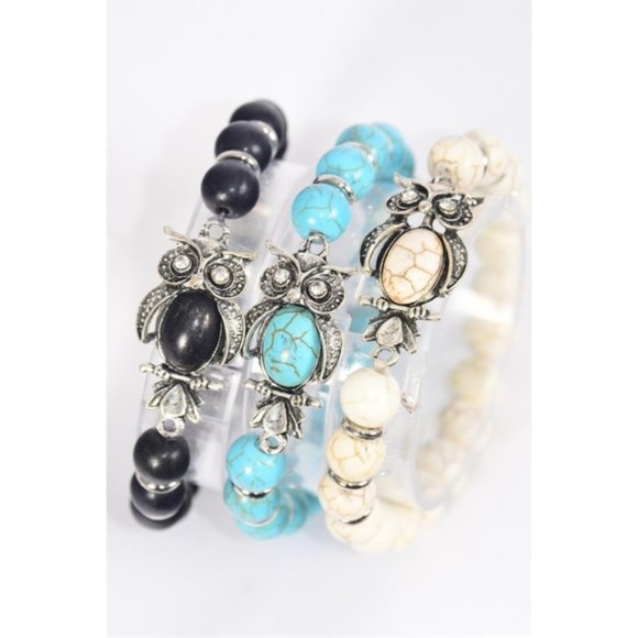 Jewelry - 25004 Set of Three 10 mm Semiprecious Stone Owl Bracelet Jewelry Lot